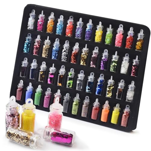 Strehknewen 48 Colores Purpurina Holográfica Fina y Gruesa, Polvo Brillante para Uñas, Cara, Pelo, Manualidades, Resina Epoxi, Tarjetas y DIY
