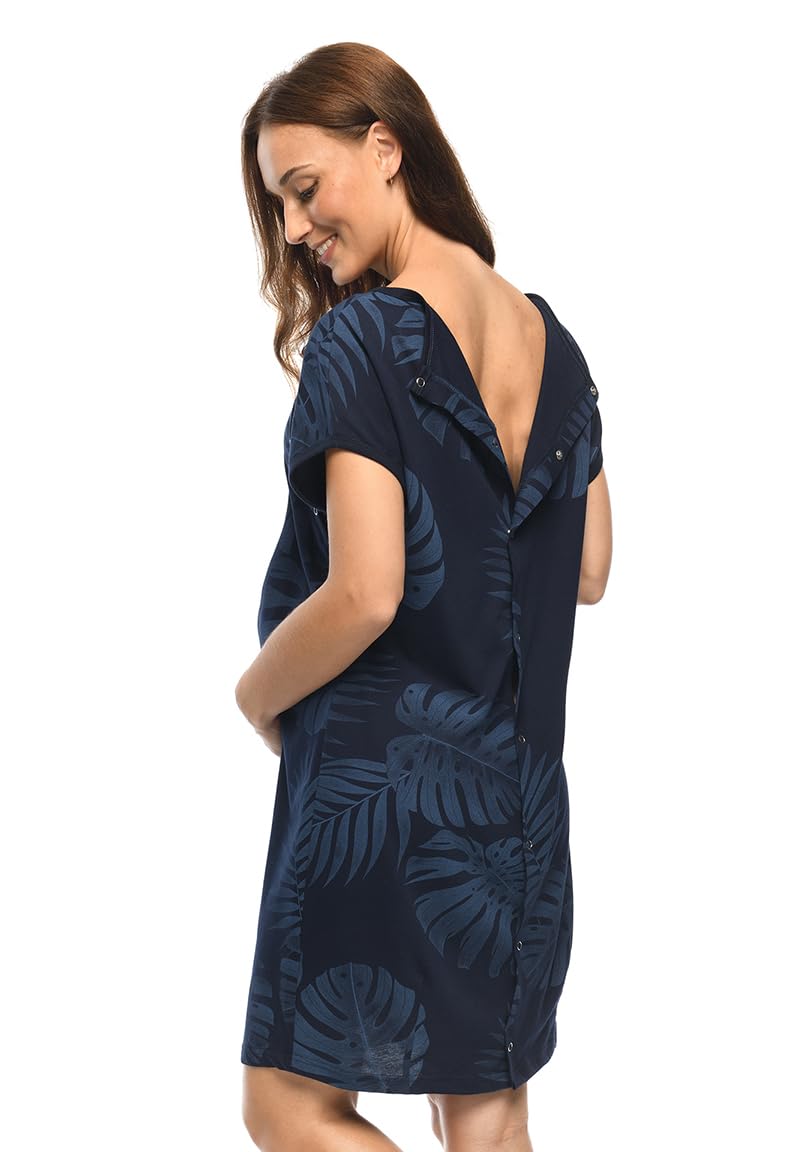 MijaCulture 4123 Robe de naissance, d'allaitement, de nuit, de grossesse, 3 en 1, taille M/EU38, bleu foncé/palmiers