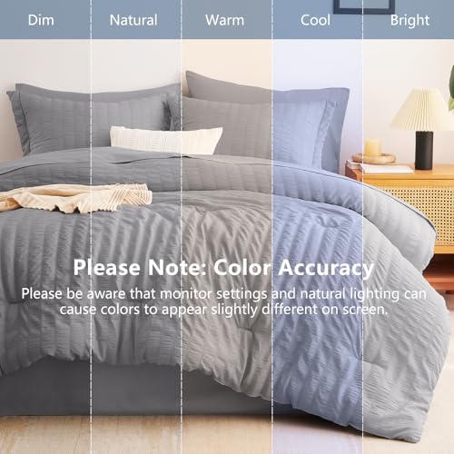 Image of CozyLux Oversized King Comforter Set with Sheets, 7 Pieces 120 inchx98 inch Grey Seersucker Bed in a Bag, Gray Luxury Soft Bedding Sets with Down Alternative Comforter, Sheets, Pillowcases & Shams All Seasons
