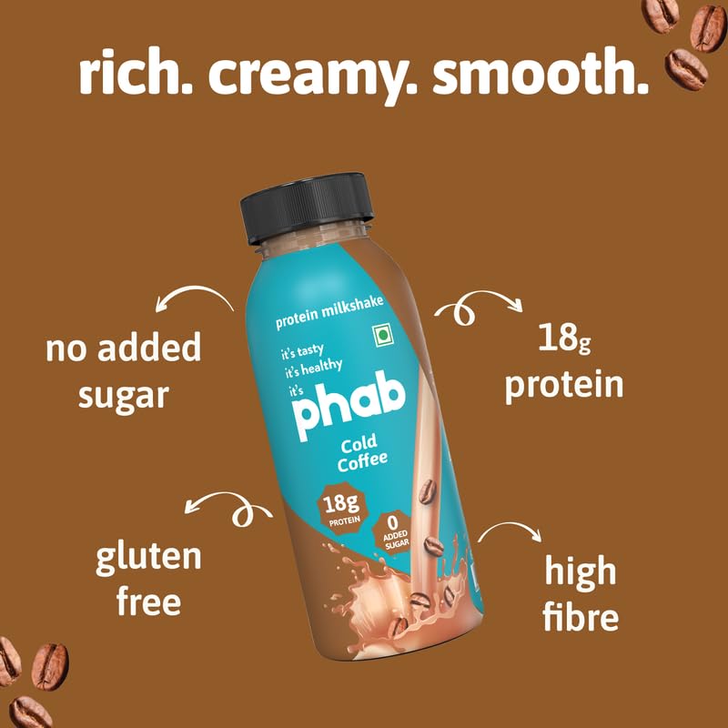 Phab Cold Coffee Protein Milkshakes with 18g Protein & No Added Sugar | Gluten-Free & Gut-Friendly, Trans Fat Free | Rich Source of Fibre & Pre-biotics | Healthy & Delicious Protein Shake (200ml, Pack of 6) 1
