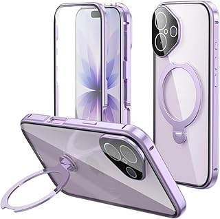 MagSafe対応 iPhone 17 用 ケース フルカバー リング付き 360°回転 縦置き クリア アイフォン17 全面カバー カメラ保護 ロック式 アルミバンパー マグネット式 両面 透明 全面保護,薄い紫