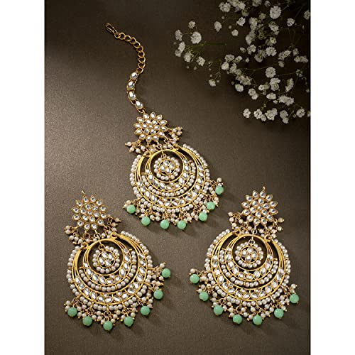 Image of Peora Traditional Jewellery Rhodium Kundan & Pearl Maang Tikka Earring Set for Women Girls