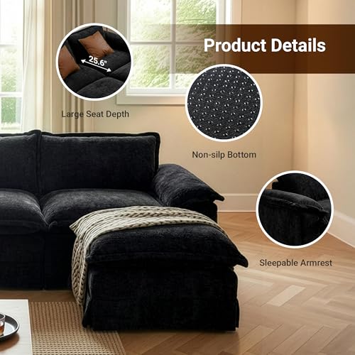 Image of Claiks 123 inch Modular Boneless Couch, U Shaped Couch for Living Room, Modern Deep Seat Sofa 3 Seater Chenille Fabric Comfy Cloud Couches with Movable Ottoman, Black