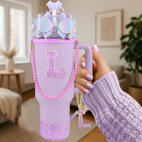Hpebl 9PCS Purple for Stanley Cup Accessories Set Bling Initials Bow Charms for Stanley Decorations 30/40 Oz Tumbler Accessories Including Bow Straw Topper, Handle Strap, Spill Stopper(Letter L) - image 2