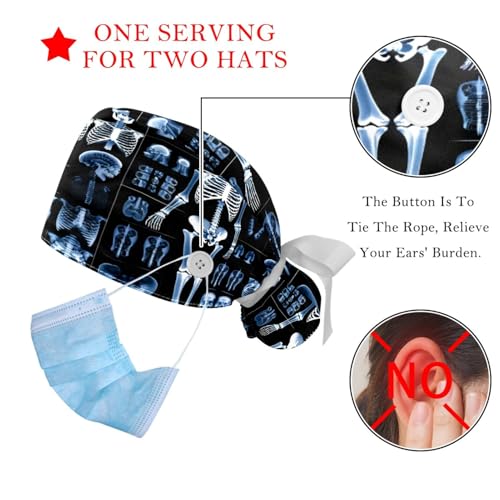Image of 2 PCS Bouffant Cap with Button Ponytail Pouch Working Cap Sweatband Adjustable Surgical Cap Black and White Cow