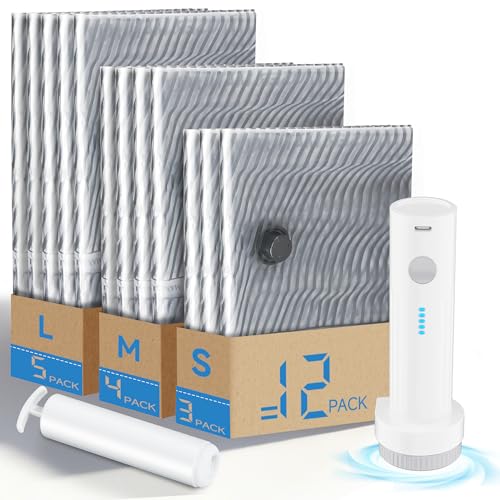 Vakuumbeutel für Kleidung Reise mit Pumpe, 12PCS Vacuum Bags for Clothes (3 x 40*50cm, 4 x 50*70cm, 5 x 60*80cm) with Wireless Electric & Hand Pump Reusable Vacuum Storage Bags for Household, Travel
