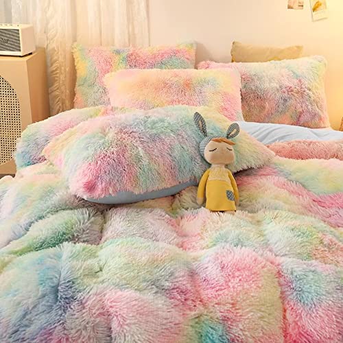 Kxry Plush Rainbow Shaggy Bedding Set Twin Size For Girls Women Kids Fluffy Crystal Velvet Duvet Cover Faux Fur 1 Duvet Cover + 1 Pillow Case #TOP5