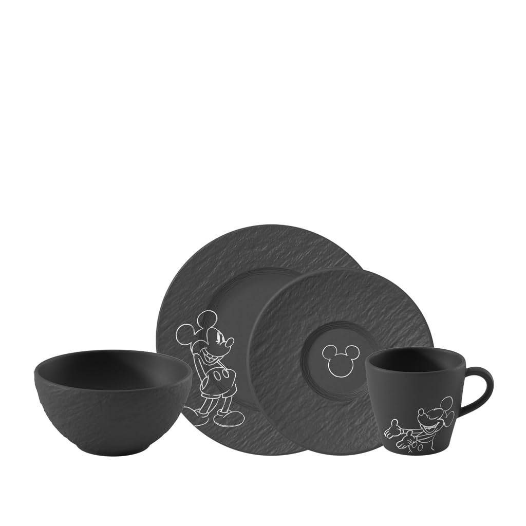 Villeroy & Boch Manufacture Rock – Mickey Mouse – Frühstücks-Set, 4-teilig, schwarz, spülmaschinenfest & mikrowellensicher, Schieferoptik mit Disney Mickey Mouse Kreidedekor, Premium Porzellan
