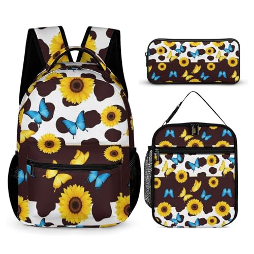 Backpack Lightweight Butterfly Sunflower Cow Print Bookbag with Lunch Box Storage Bags Backpack Set Daypack with Lunch Bag and Cosmetic Bag