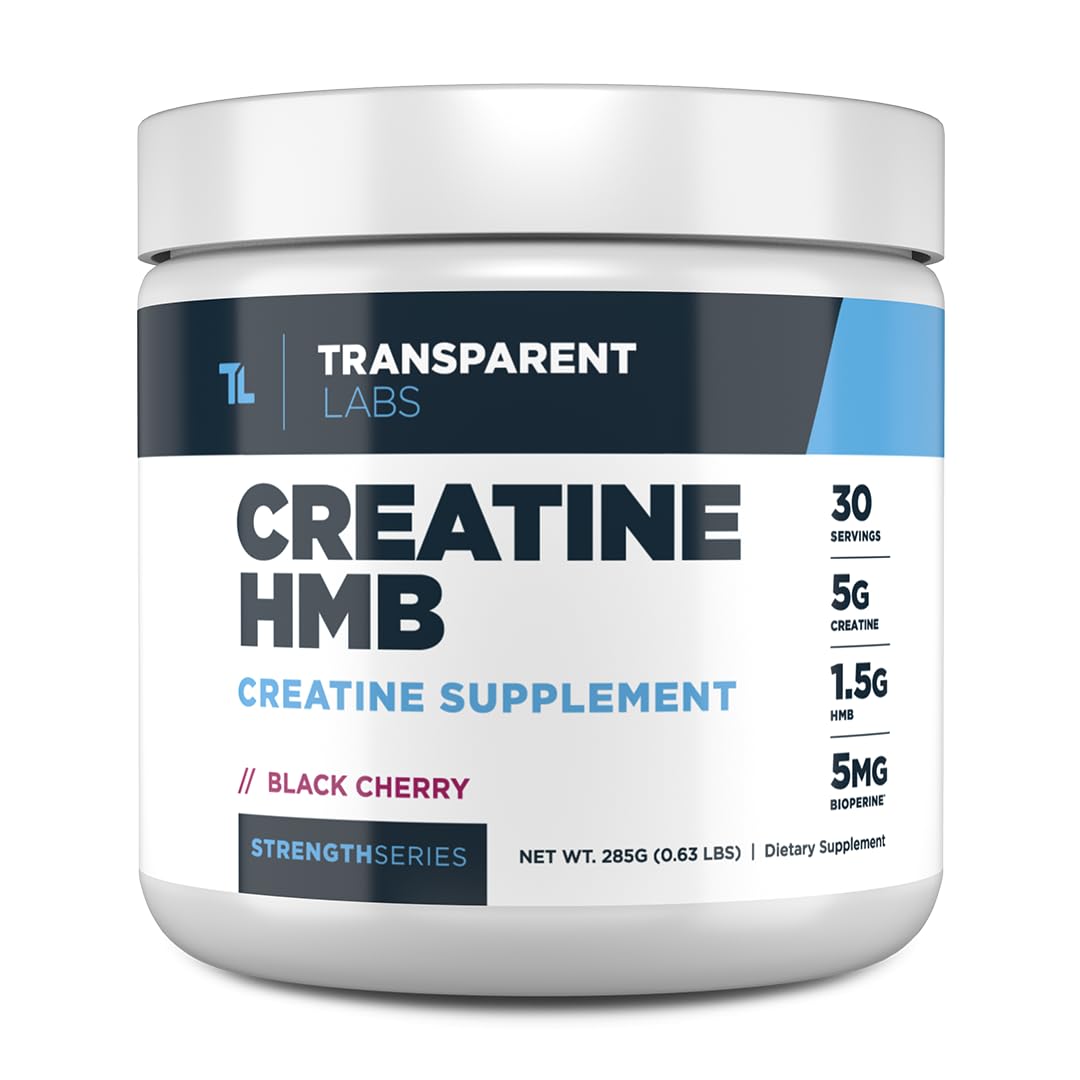 Transparent Labs Creatine HMB - Creatine Monohydrate Powder with HMB for Muscle Growth, Increased Strength, Enhanced Energy Output, and Improved Athletic Performance - 30 Servings, Black Cherry