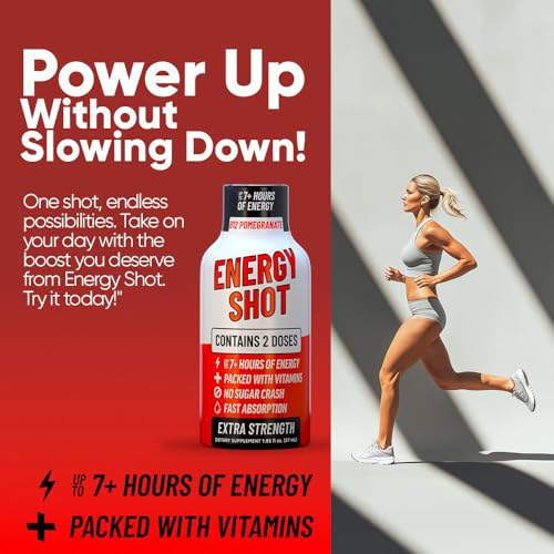 Image of B12 Pomegranate Extra Strength Energy Shot 8 PK - 260mg Natural Caffeine B12 B6 - Energy & Vitality Support - 2 Servings Sugar Free Zero Calorie Green Tea B-Vitamins Electrolytes Vegan - 1.93 fl oz