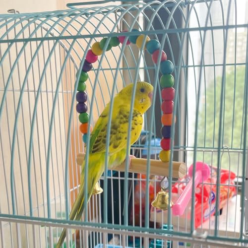 Image of WishLotus Bird Toy, Bird Swing Toy with Perch Stand and Bell, Natural Wooden Colorful Bird Toy for Small Sized Birds Budgie Parakeet Cockatiel Cockatoo (Colorful)