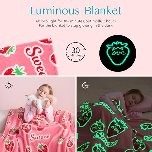 Joiedomi Glow in The Dark Blanket Strawberry Gift for Girls Age 2 3 4 5 6 7 8 9 10 11 12 Year Old Girl Gifts, Soft Cozy Flannel Kids Throw Blanket, Birthday Bedroom Decor 50"×60"
