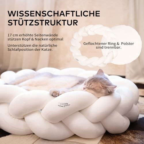 CheerPals Großes Katzenbett 60cm, Waschbar Geflochtenes Kuschelhöhle, Hundebett mit Hochelastischer Schlafkissen für Alle Katze und Kleine Hunde