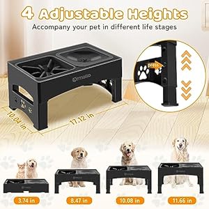 Elevated Slow Feeder Bowls, Adjustable Raised No Spill Water Bowl, Non-Slip Food Bowl Stand for Large Medium Small Dogs, 4 Heights Black