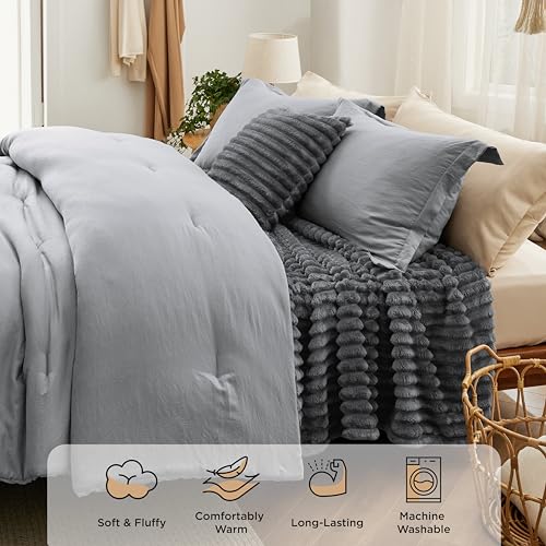 Image of Bedsure Full Comforter Set 5 Pieces - Bed in a Bag with Fleece Throw Blanket and Decorative Pillow, Lightweight Bedding Comforter Sets, All Season Bedding, Dark Grey