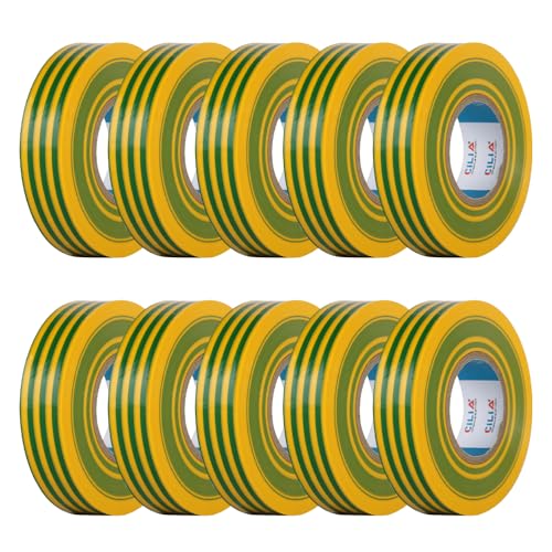CILIA Pack 10 Cinta Aislante Electricista PVC 19mm x 25m - Adhesivo Profesional Autoextinguible - Certificado IEC 60454-600V - Para Reparaciones Eléctricas - Amarillo-Verde