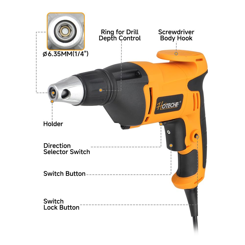 Hoteche Avvitatore Drywall da 520 W, 230 V, 50 Hz, potenza 520 W, 0 – 4500 giri/min, mandrino da 6 mm, coppia 8 NM, spina VDE – giallo/nero – accessori inclusi