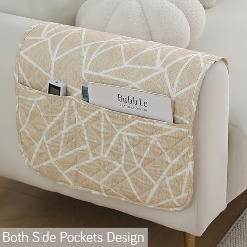 Image of HOKIPO 'Elira Series' Digitally Printed Water Repellent + Waterproof Sofa Armrest Cover with Pockets (2Pcs) - Beige Abstract Geometry (AR-5251-C3*2)