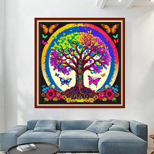 Image of Dimensean Stamped Cross Stitch Kits Full Range of Embroidery Patterns Starter Kits for Beginners Adult DIY Cross Stitches Needlepoint Kits 11CT-Butterfly Life Tree 17.7x17.7 inch