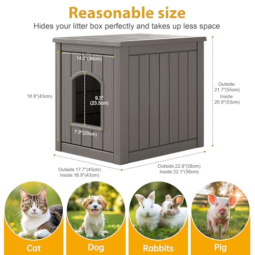 Image of Cat Litter Box Enclosure, Multi-Functional Enclosed Cat Litter Box Furniture, Outdoor Cat House Weatherproof, Openable Front Door & Raised Floor, Easy to Clean & Assemble, Grey
