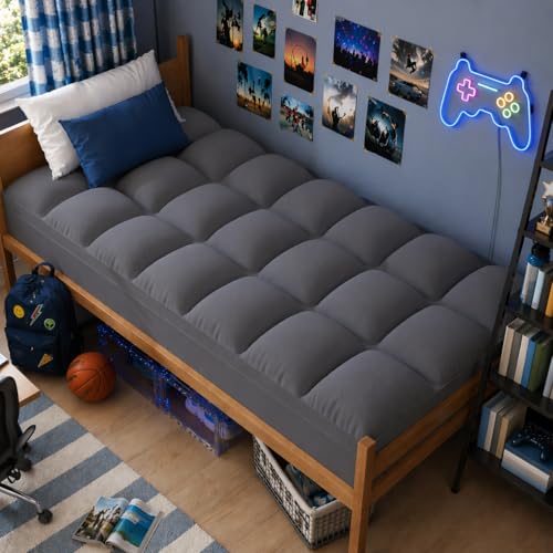 Image of ELEMUSE Twin Grey Mattress Topper, Thick Pillow Top Mattress Pad | Overfilled down alternative filling adds plush comfort. Deep pocket design fits twin beds for small spaces and guest rooms.