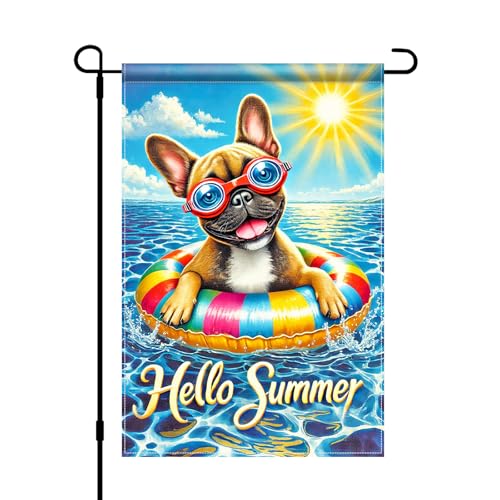 HOMETITUTE Hello Summer Garden Flag French Bulldog 12x18 Vertical Double Sided Pool Party Welcome Summer Yard Garden Flag Seasonal Holiday Outdoor Decorative Flag for Patio Lawn