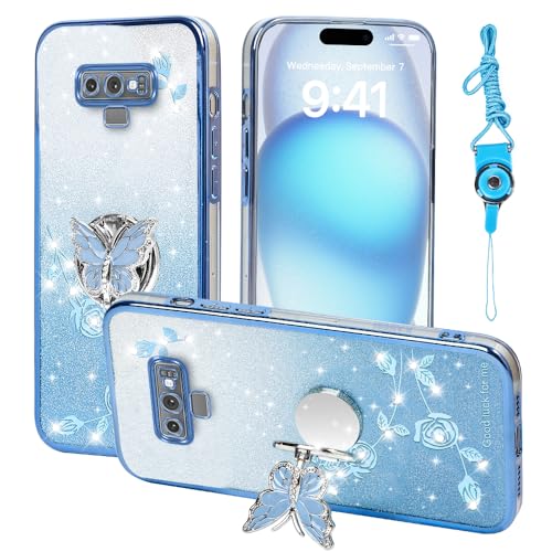 RTYQXK for Samsung Galaxy Note 9 Phone Case,for Note9 Mobile Phone Case for Women and Girl, Glitter Butterfly Floral TPU Protective Cover with Kickstand+Strap for Samsung Note 9 (Blue)
