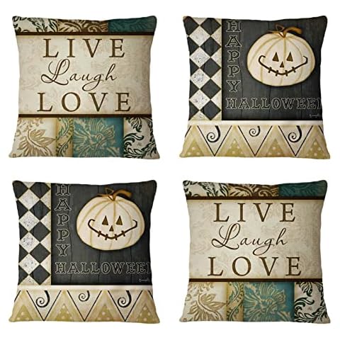 Halloween Pillow Cover Set of 2, Pumpkin Decorative Pillow Covers for Farmhouse Rustic Halloween Decor Indoor, Live Laugh Love, 18x18 Cover
