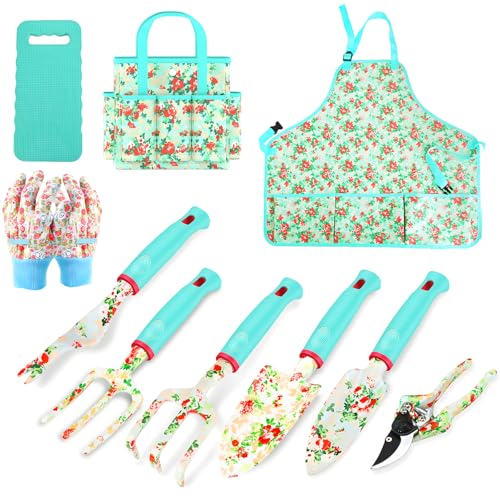 Garden Tools Set, JUMPHIGH 10 Pieces Gardening Tools with Floral Print, Ergonomic Handle Trowel Rake Weeder Pruner Shears Sprayer, Garden Hand Tools with Carrying Case Gardening Gifts for Women Father