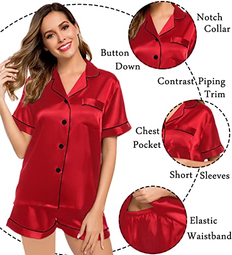 Image of LecGee Womens Silk Satin Pajamas Short Sleeve Loungewear Two-Piece Sleepwear Button-Down Pj Set