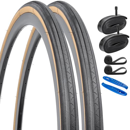 YUNSCM 2-PCS 27x1 1/4 (32-630) Gumwall Road Bike Tires and 27' Heavy Duty Bike Tubes Schrader Valve with 2 Rim Strips Compatible with 27 x 1 1/4 Bike Bicycle Tires and Tubes(Y-1016)