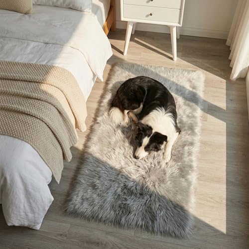 Mishukaze Plüsch-Teppich aus Kunstschaffell-Ultraweicher,Flauschiger Bettvorleger,maschinenwaschbar,seidiger Hochflor-Teppich für Schlafzimmer und Wohnzimmer,Gray 60x110