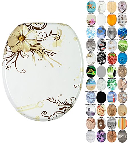 Sanilo Abattant WC avec frein de chute et libération rapide, Siège de WC amovible par simple pression sur un bouton, Montage facile par le haut (Fleur)