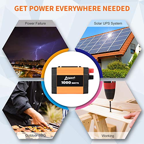 Ampeak 1000W Power Inverter 12V DC to 110V AC with 2 AC Outlets and USB Port Remote Control Car Converter