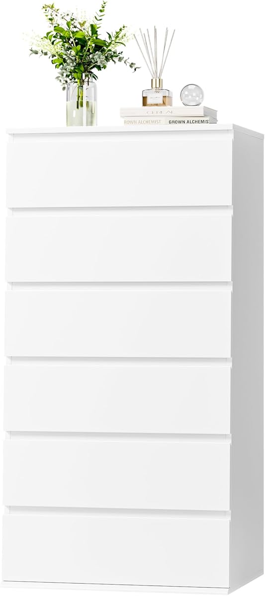 FOTOSOK White Dresser, 6 Drawer Dresser, Modern Tall Floor Storage Cabinet with Metal Sliding Rail, Wooden Handleless Drawer Cabinet, 6-Layer Large Capacity Vertical Dressers for Home & Office