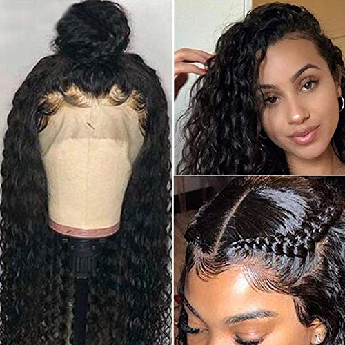 Human Hair Lace Front Curly Wigs Black Real Remy Hair Water Wave Wig for Black Women Free Part 360 Lace Frontal Pre Plucked Glueless Natural Hairline with Baby Hair 150% Density 24 Inch