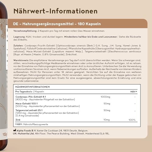 Cordyceps Kapseln hochdosiert | 1000mg Pilz Extrakt (4:1) pro Tagesdosis (4000mg Cordyceps) | Pilze mit Zink… – Ansicht 4