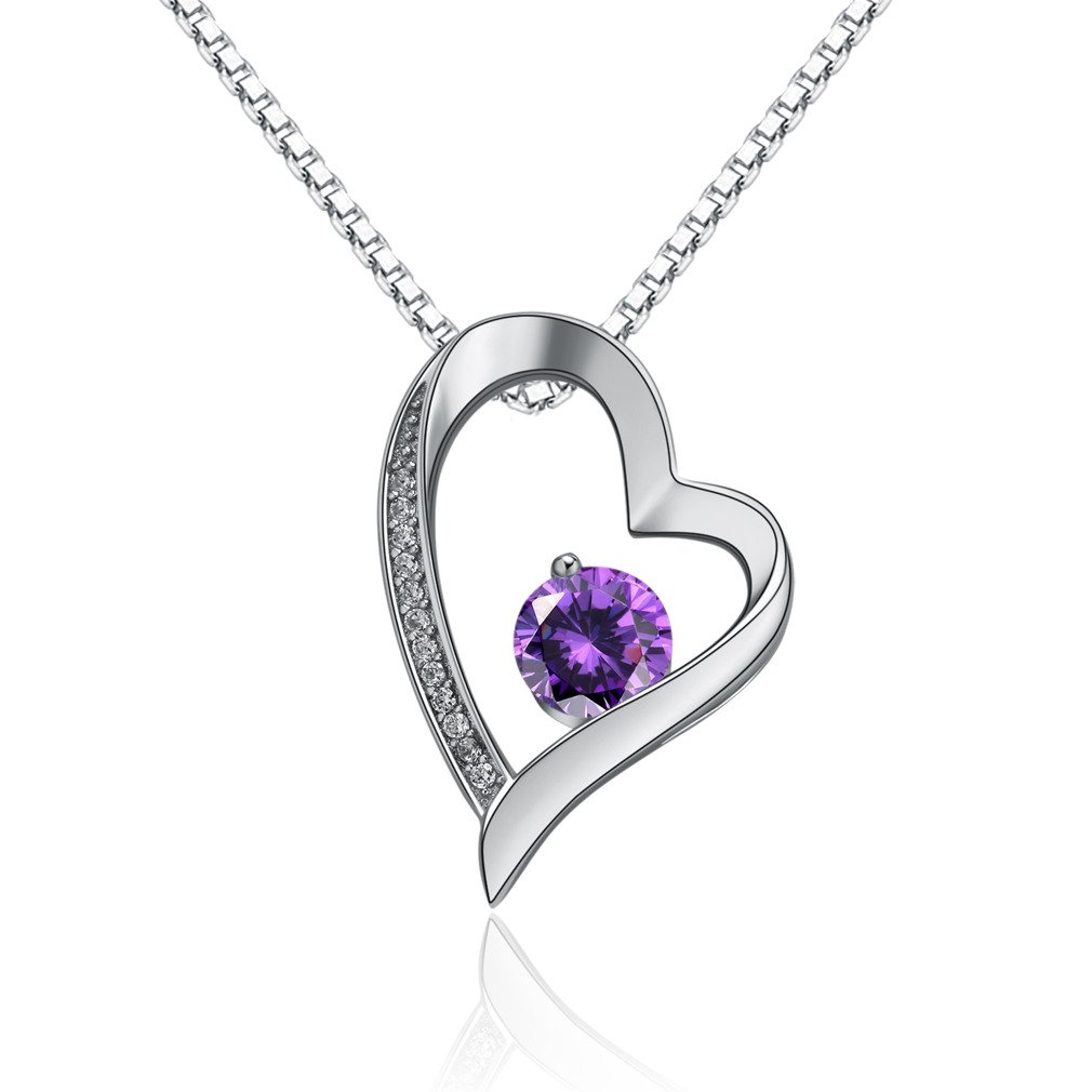 Candira 925 Sterling Silver Heart CZ Pendant Necklace 18" Chain (Purple)