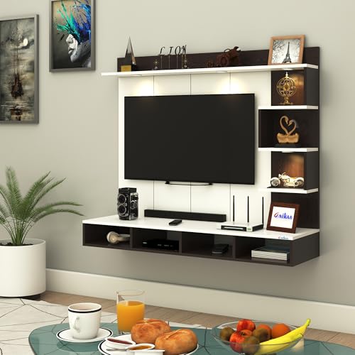 Image of Anikaa Kasey Engineered Wood Wall-Mount TV Unit with PVC Back Panel & LED Lights | TV Cabinet with Storage Box & Decorative Shelves (Wenge /White) Ideal for TVs up to 55 Inch | DIY Installation