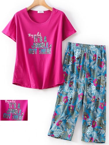 Image of CHUNG Women Cotton Pajama Sets Sleepwear pjs Short Sleeve Shirt Capri Length Crop Pants Cute Vivid Print