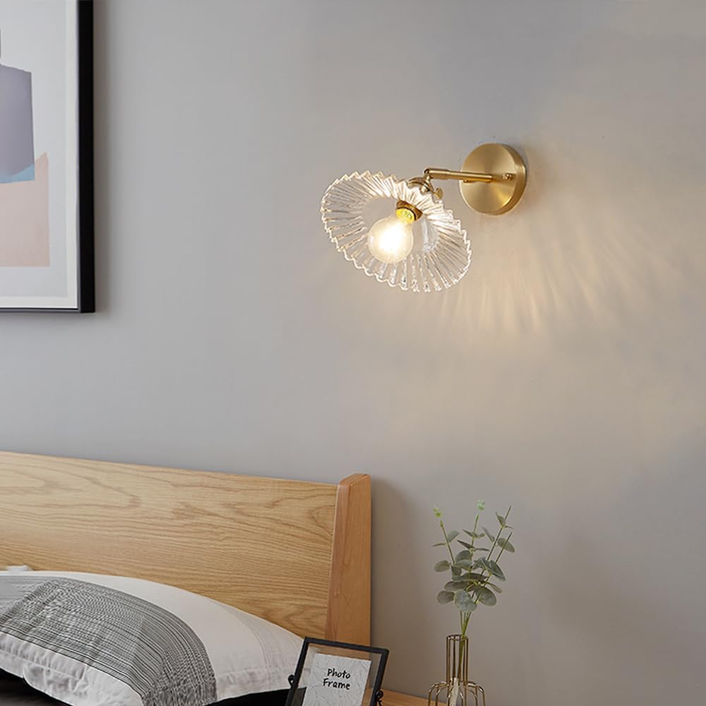 Applique da Parete Vintage con Paralume in Vetro, Applique in Ottone Regolabili a 90 Gradi, apparecchio di Illuminazione da Parete Moderno cablato con Interruttore per Comodino, Camera da Letto,