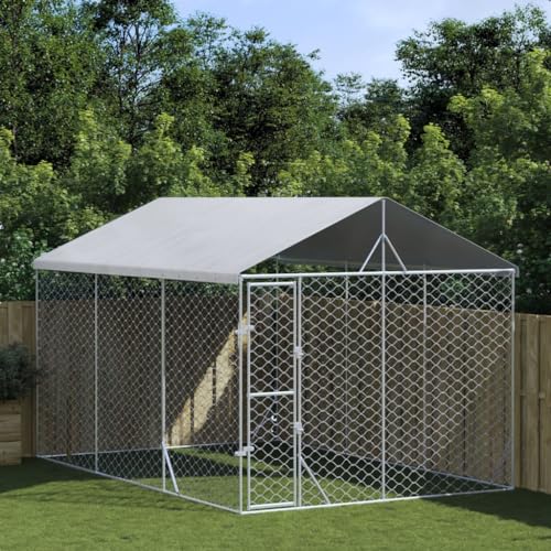 GOLINPEILO Outdoor Dog Kennel with Roof, Metal Dog Playpen with Door, Outdoor Wire Mesh Pet Fence for Puppy Chicken Rabbit and Duck, Silver 9.8'x14.8'x8.2' Galvanized Steel,-481