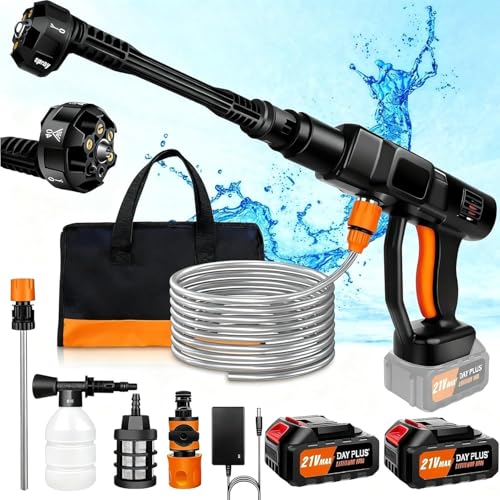 21V Cordless Handheld Pressure Washer Gun 652PSI/45 Bar 2 Pack 3.0Ah Batteries 6-in-1 Nozzle Portable Power Cleaner with Water Filter & Carry Bag for Car Garden Patio Cleaning