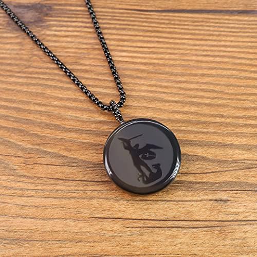 COAI Religious Jewelry Saint Michael Obsidian Stone Pendant Necklace