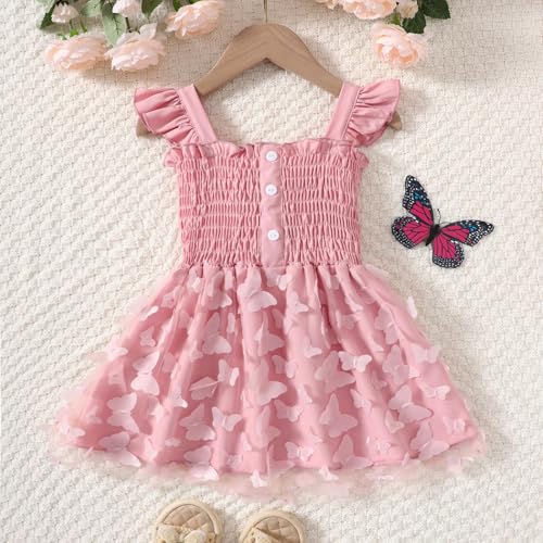 Toddler Girls Tulle Dress Kids 3D Butterfly Applique Ruffle Straps Smocked Button A-Line Summer Dresses 1-5 Years2