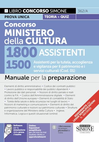 Concorso Ministero della Cultura 1800 assistenti. 1500 Assistenti per la tutela, accoglienza e vigilanza per il patrimonio e i servizi culturali (Cod. 01). Manuale per la preparazione