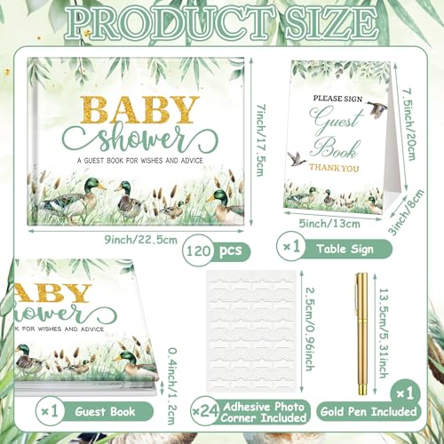 Image of Fuyoooo 27 Pcs Mallard Duck Baby Shower Guest Book Set Baby Shower Sign in Guest Duck a Little Hunter is on the Way Book Place Table Cards with Gold Pen Adhesive Photo Corner for Birthday Party