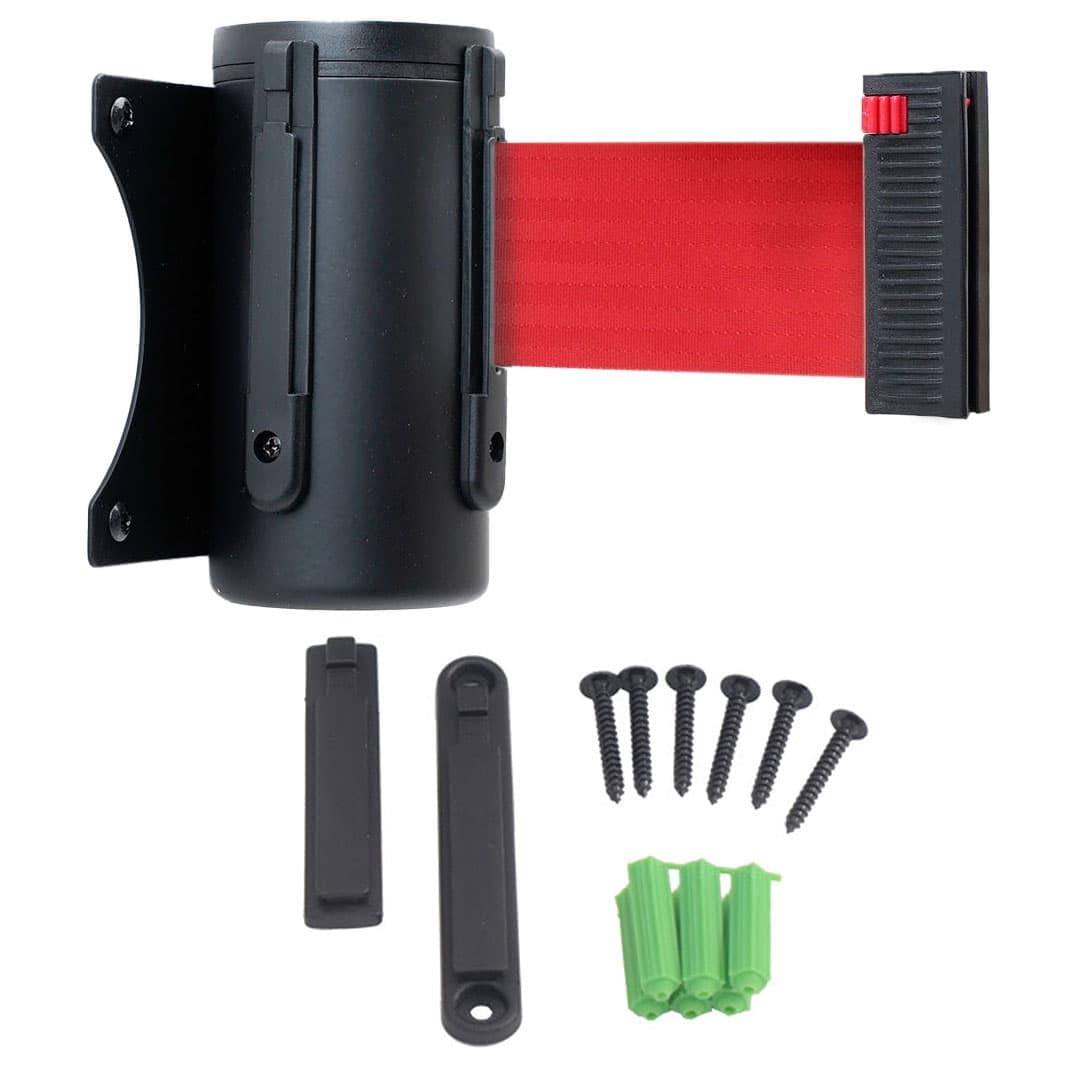 Danieli Store | Barrera de Pared Metálica de 3 Metros con Cinta y Clip Receptor | Barandilla Extensible con Cinta Retráctil | Barrera de Seguridad con Montaje a Pared (ROJO)
