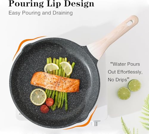 Image of Non-Stick Frying Pan with Wooden Finish Soft Touch Handle, 2.5mm Thickness, Consumes Less Oil, Even Heat Distribution, Induction Bottom and Gas Ready (Black, 20cm)